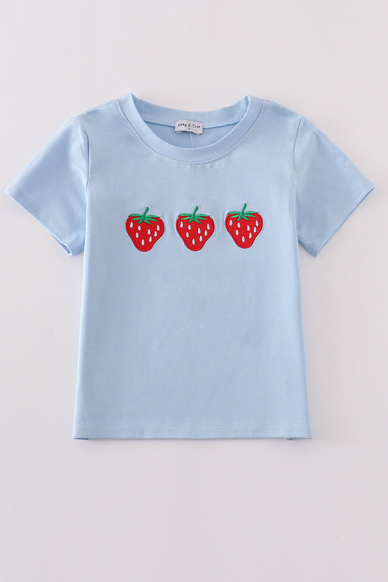 Blue strawberry embroidery boy top