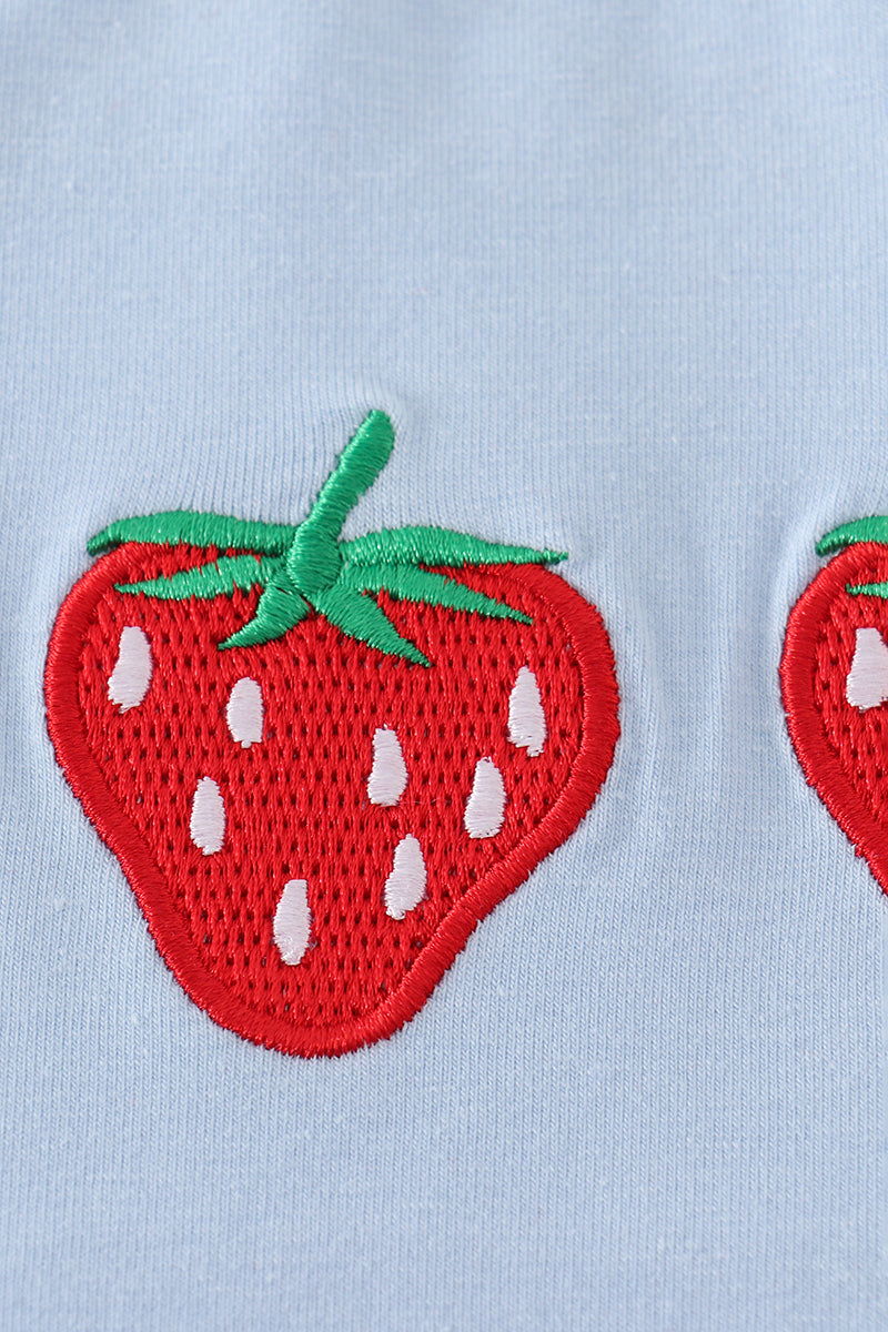 Blue strawberry embroidery boy top