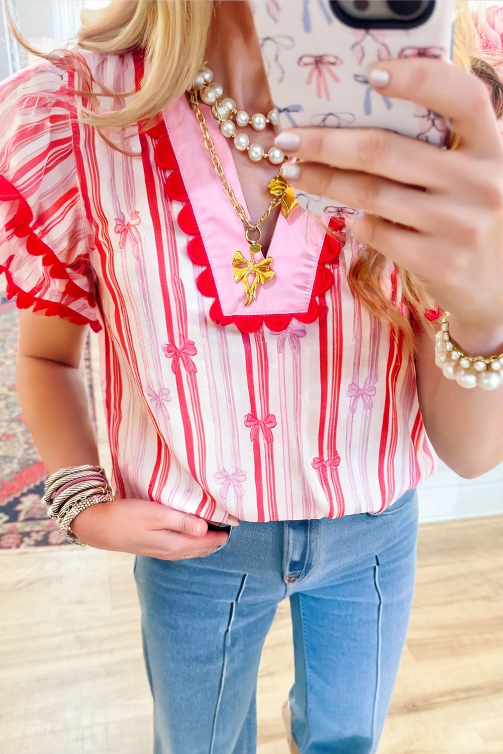 Pink Bow Striped Scallop Blouse May.
