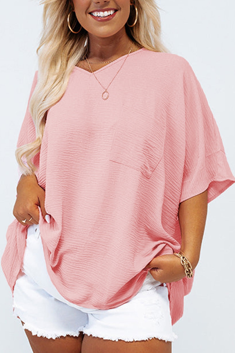 Pink Textured Plus Size Pocket Top April.