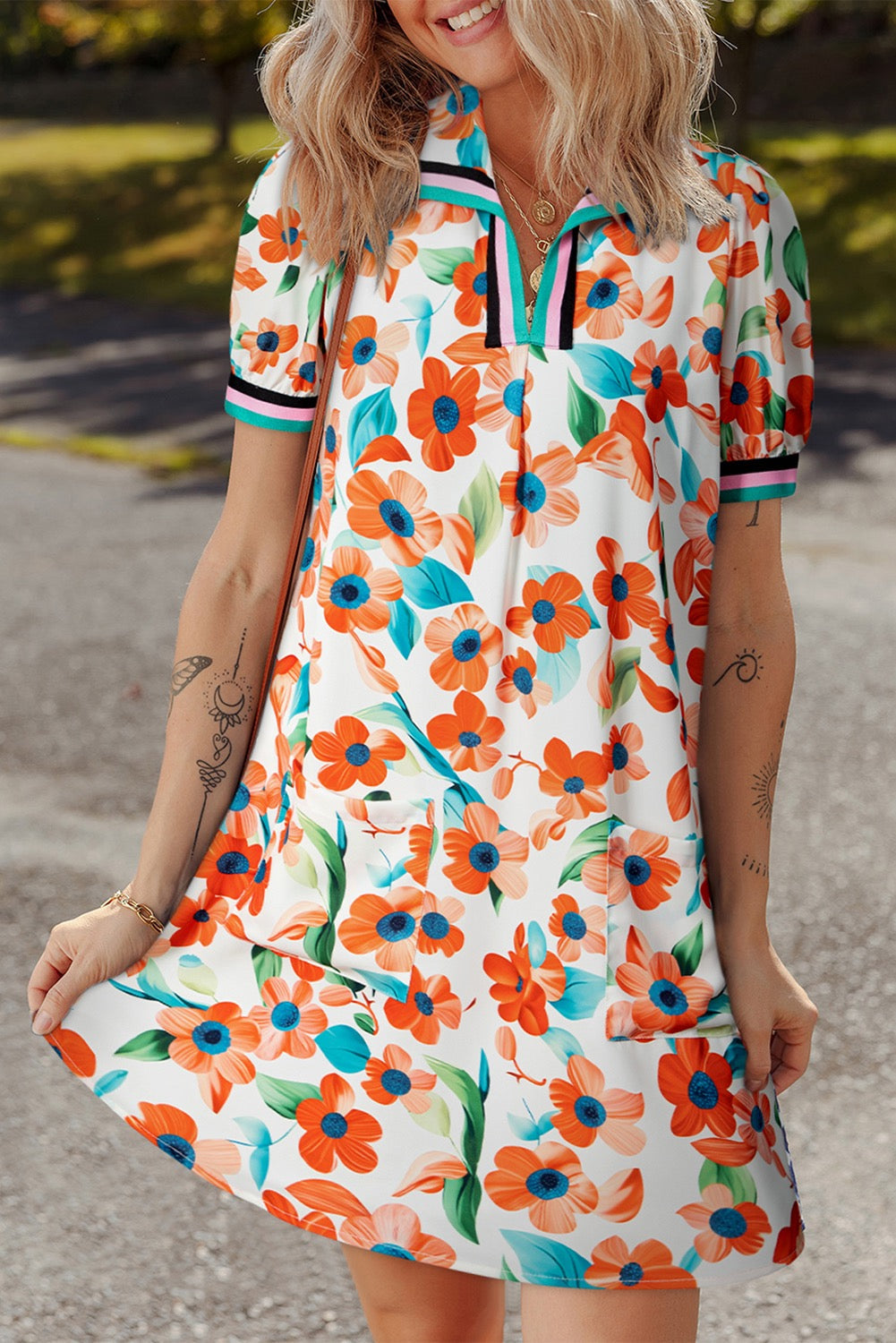 Orange Floral Contrast Trim Dress April.