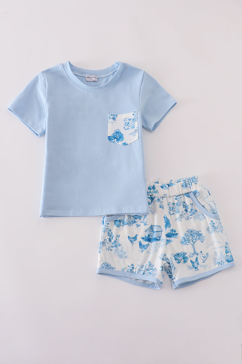 Blue farm print shorts set