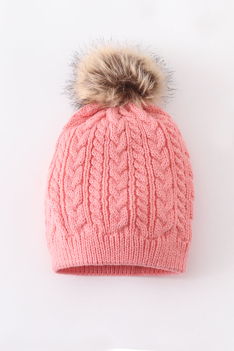 Bubblegum pink cable knit pom pom beanie hat baby toddler adult