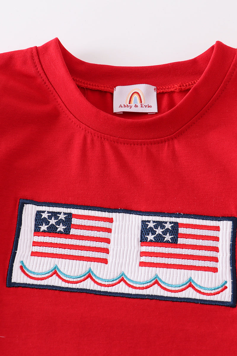 Patriotic flag embroidery smocked boy top