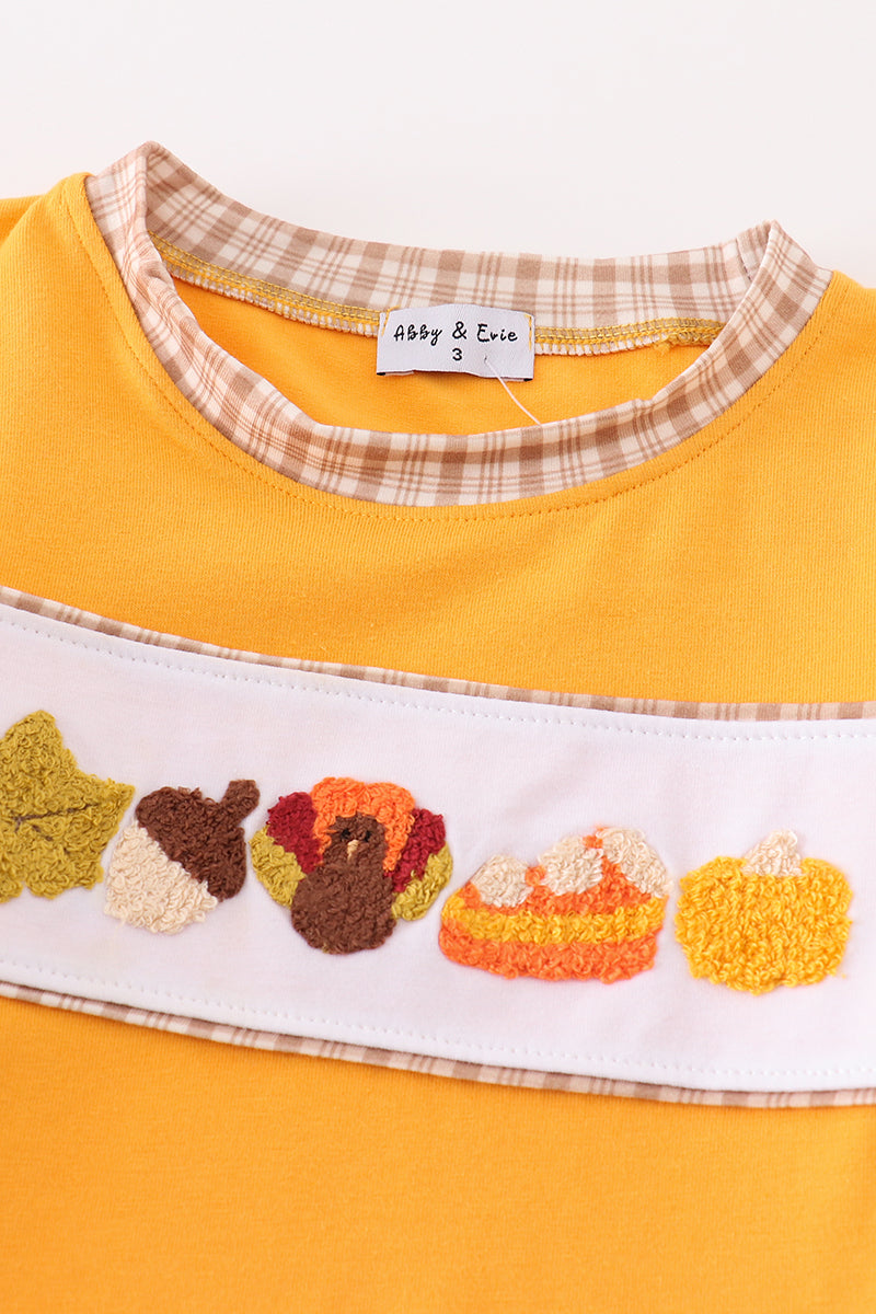 Brown plaid turkey french knot boy top