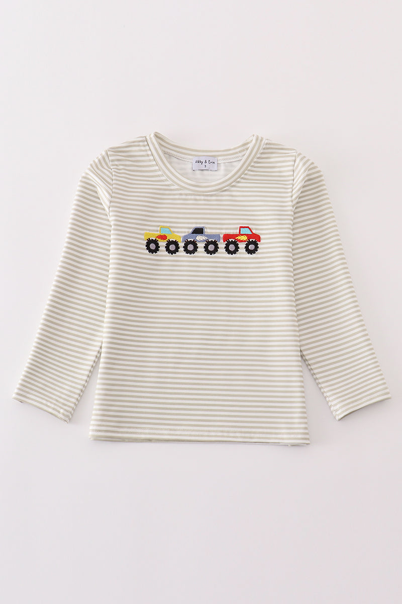 Gray stripe monster truck embroidery boy top