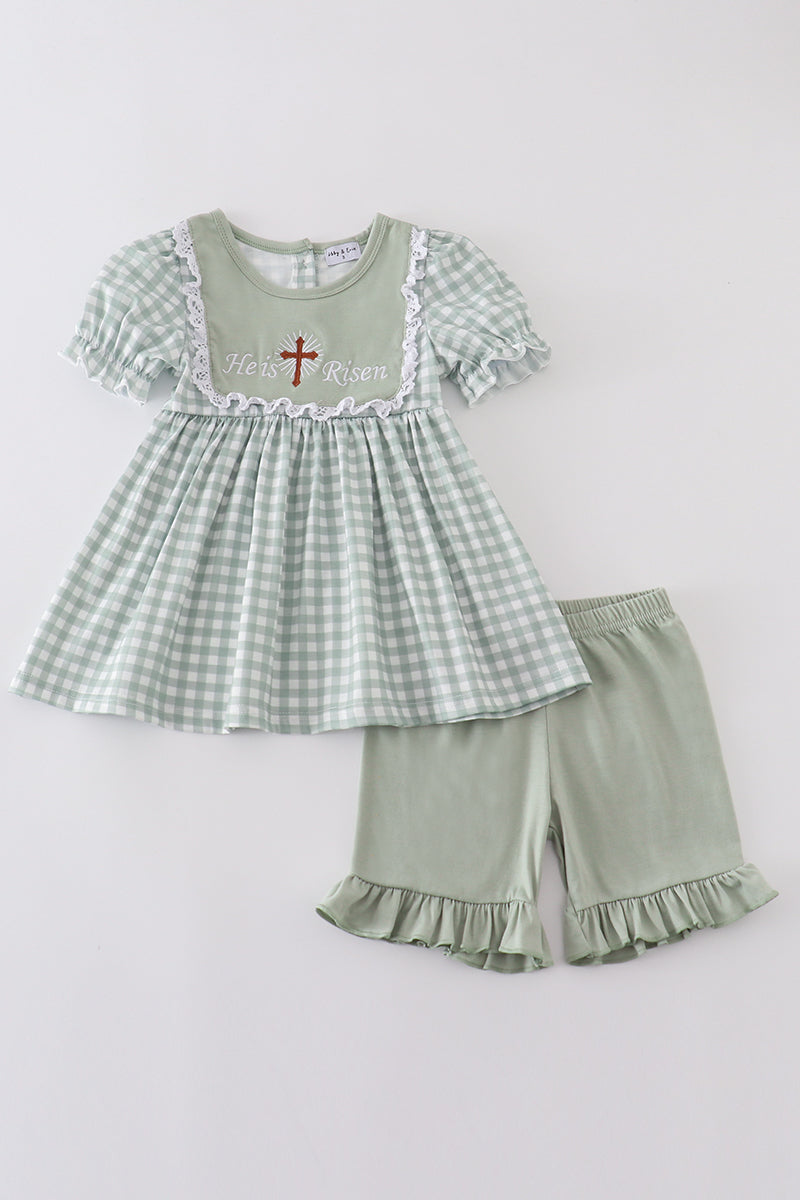 Sage easter he is risen cross embroidery girl set