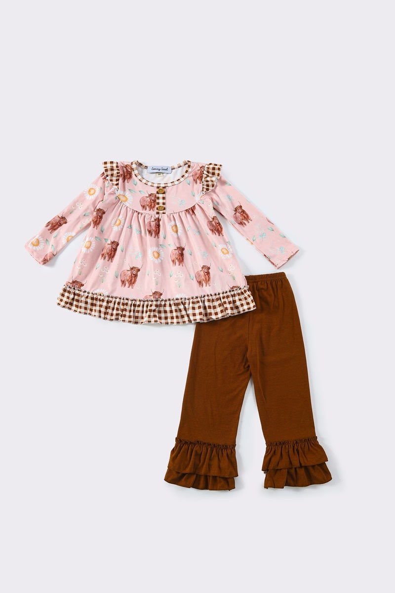 Pink cow ruffle girl set