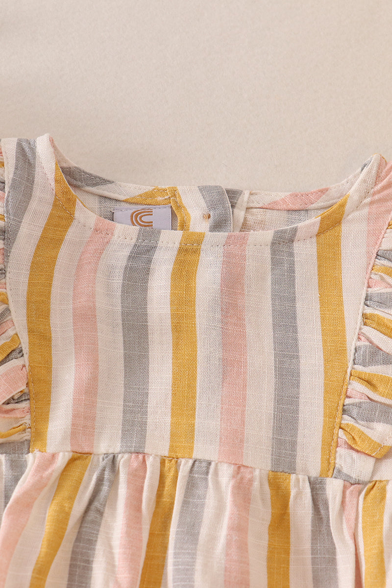 Multi stripe linen girl ruffle bubble