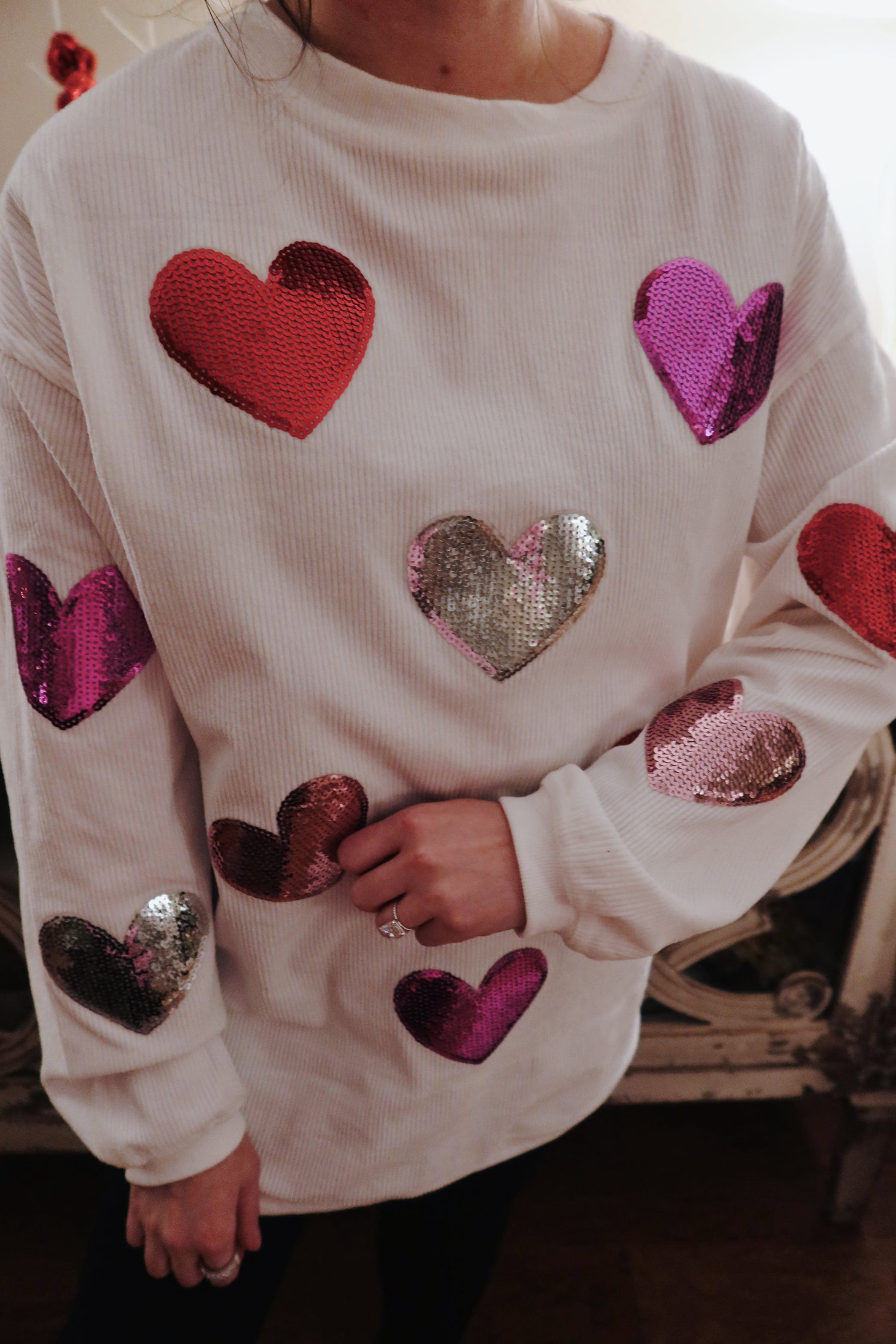 White Sequin Hearts Corded Crew