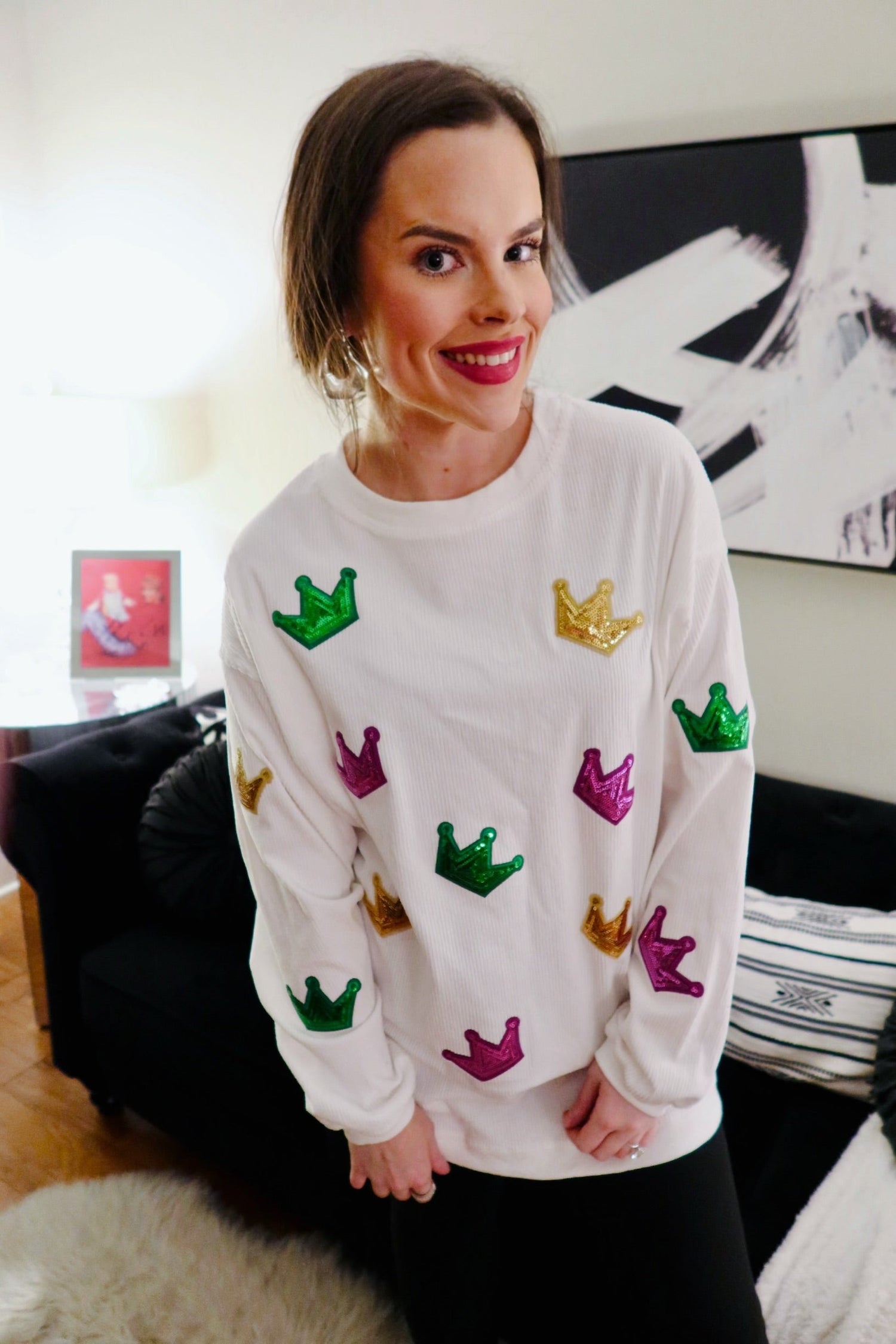 White Sequin Crown Corded Crew