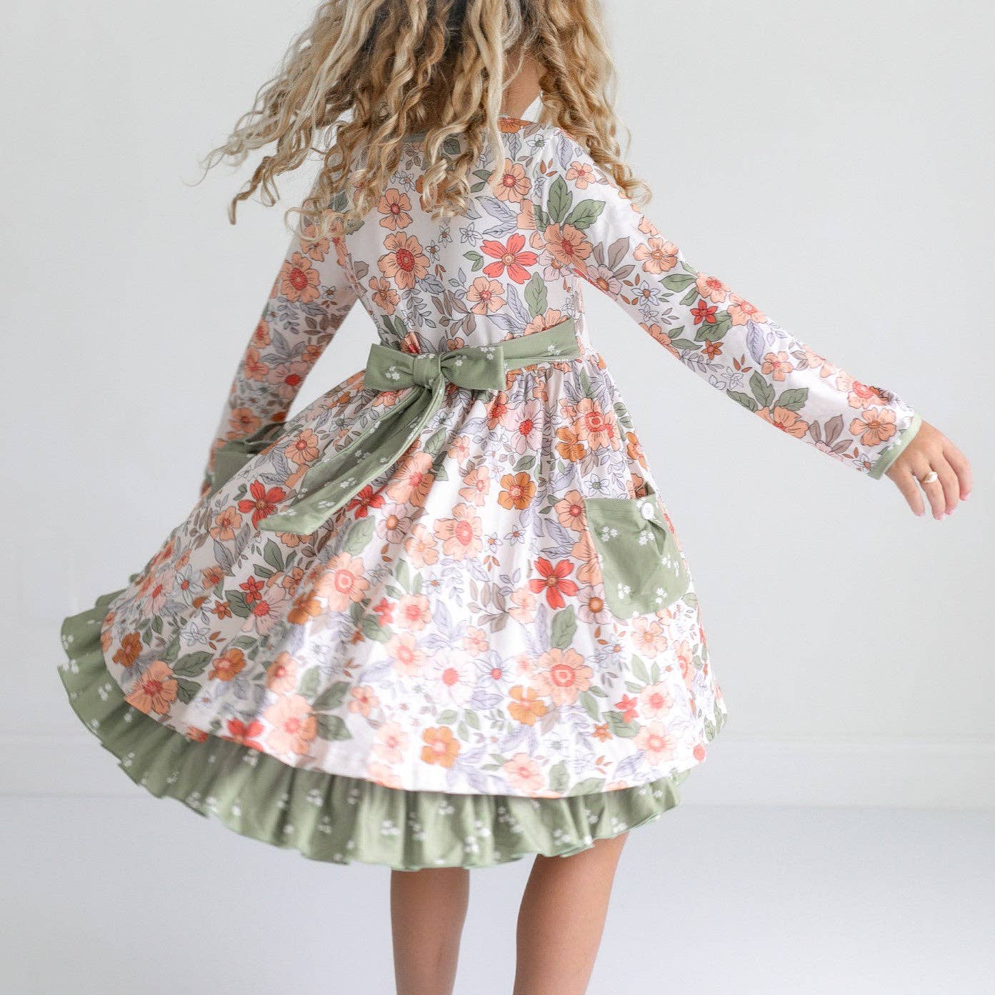 Kids Sage & Rust Floral Button Dress With Pockets