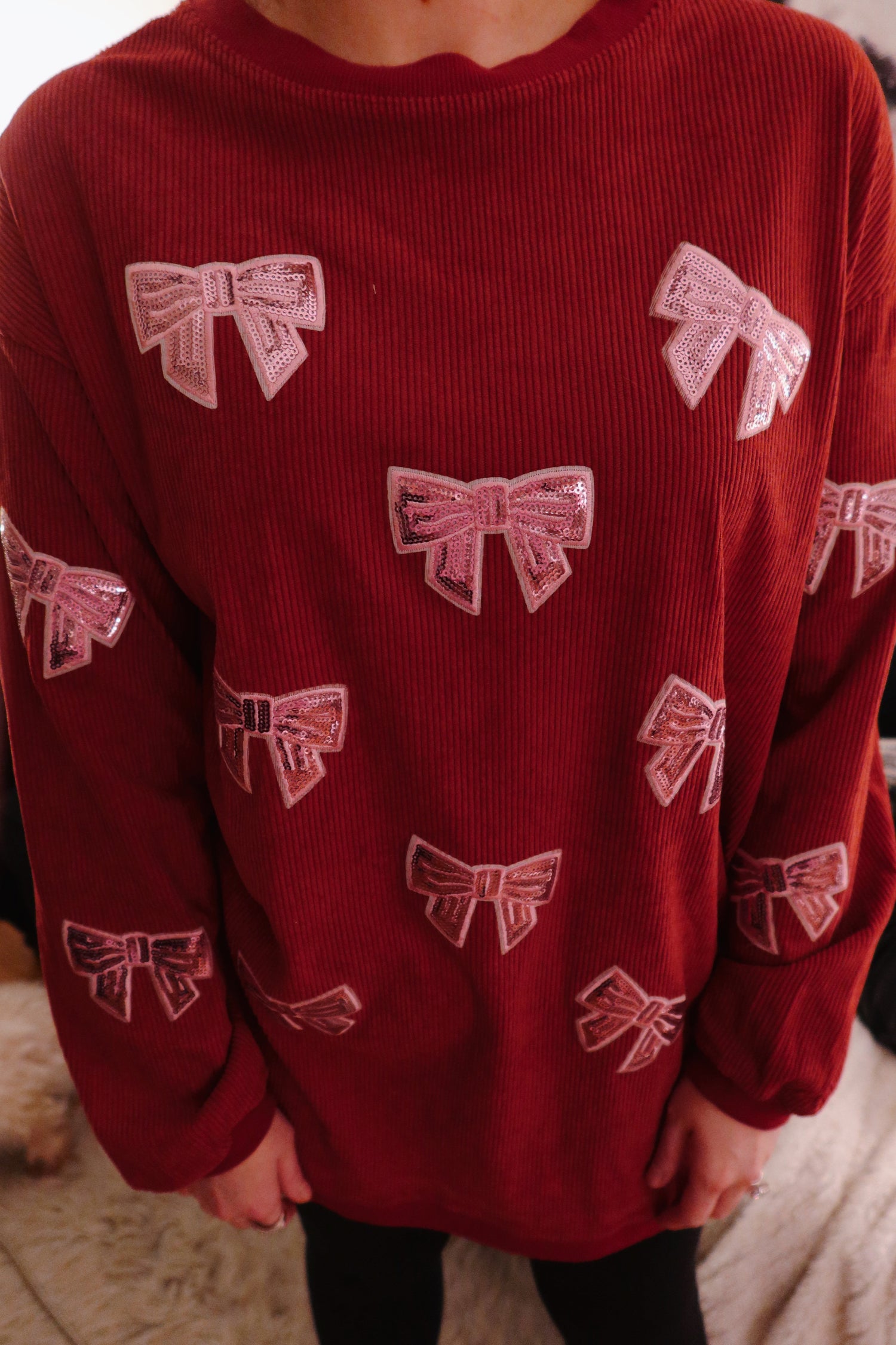 Red & Pink Sequin Bows Corded Crew