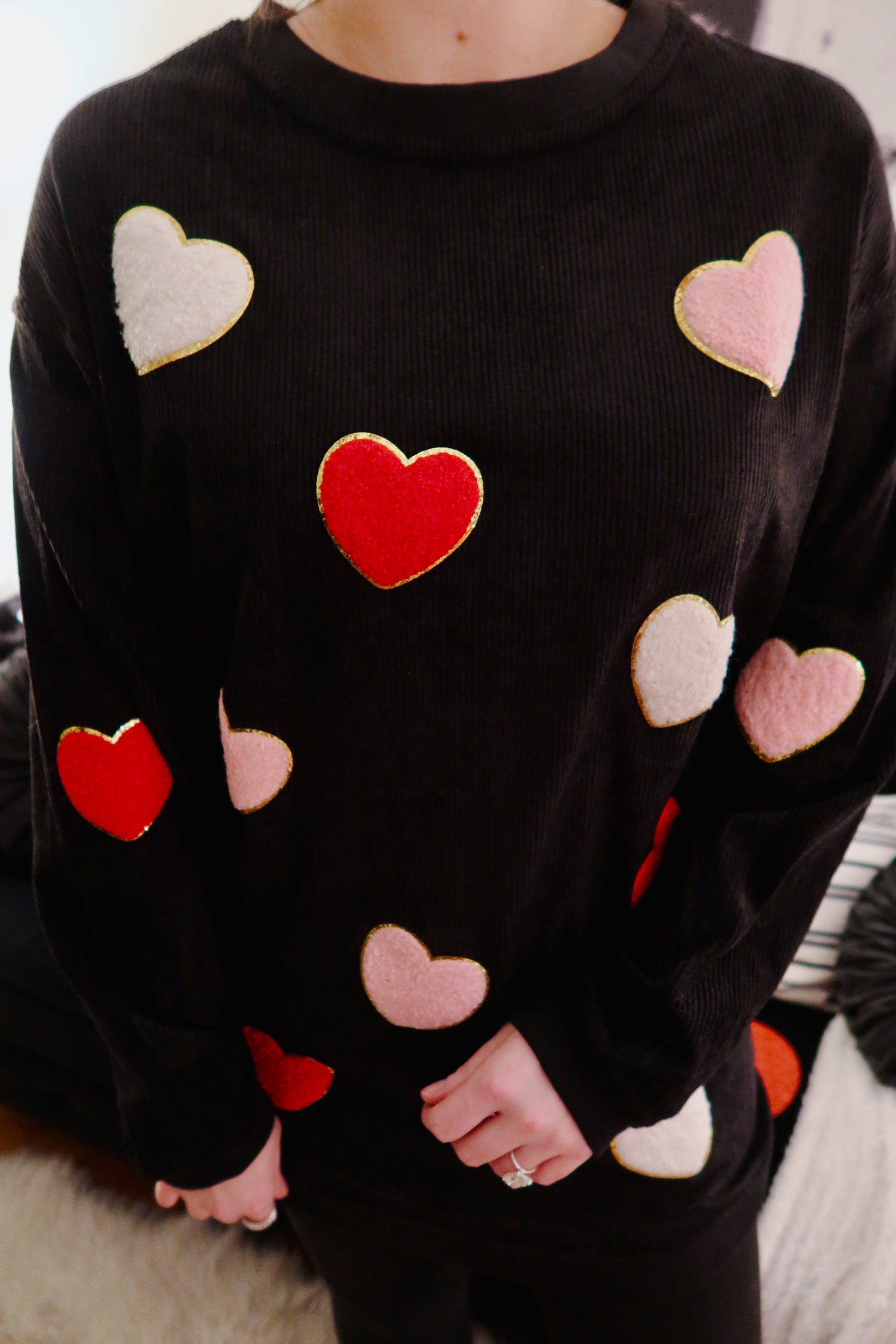 Black Chenille Hearts Corded Crew