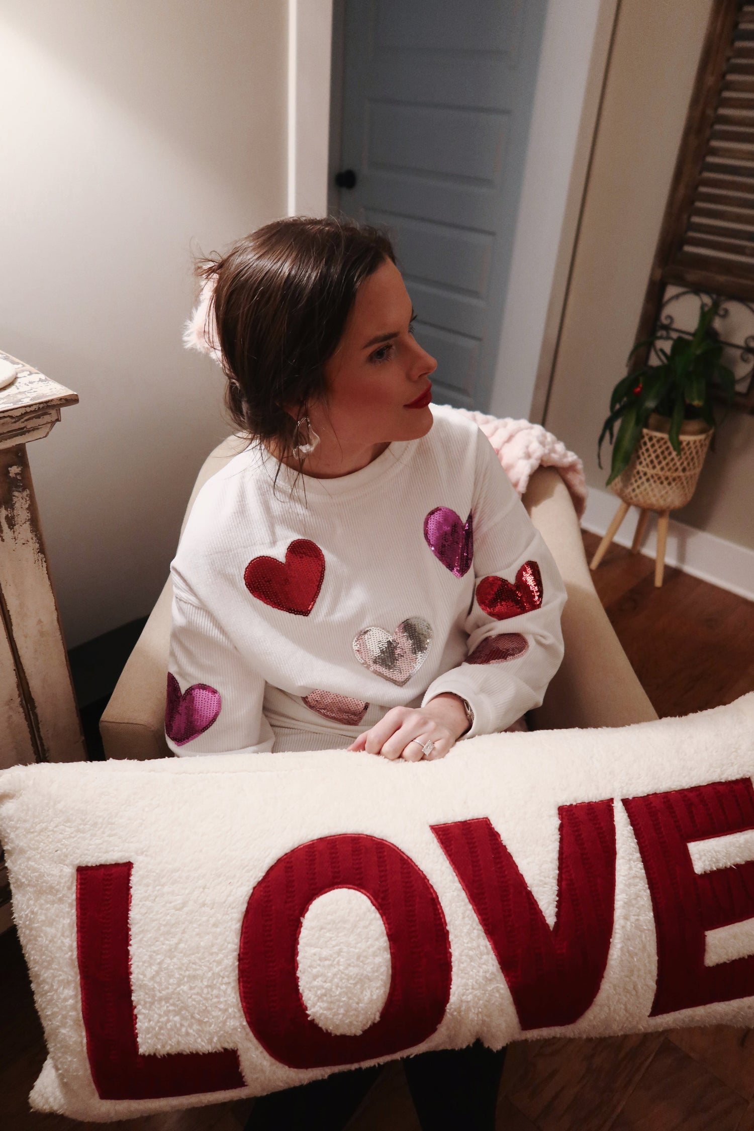 White Sequin Hearts Corded Crew