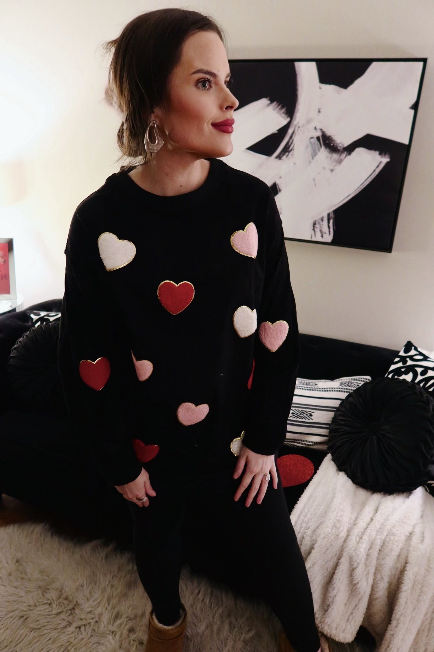 Black Chenille Hearts Corded Crew