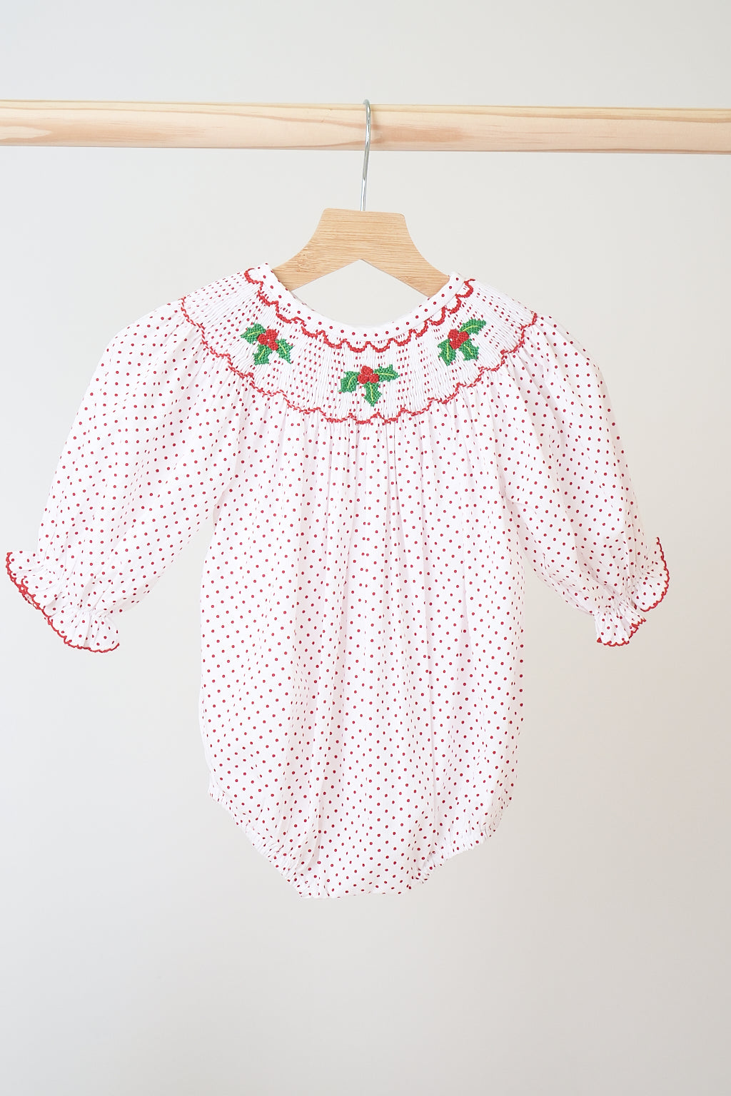 Red christmas bishop hand smocked dot bubble