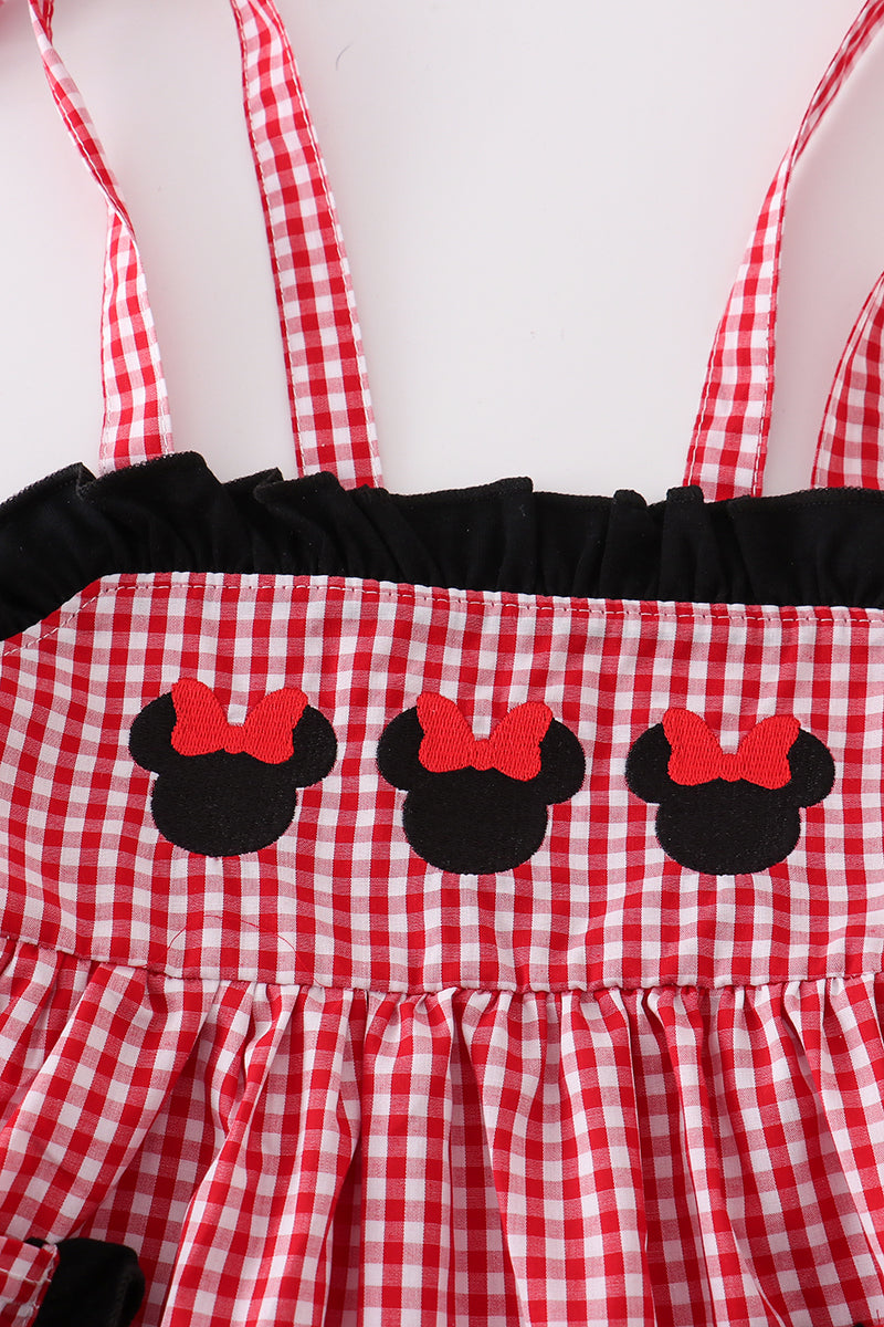 Red gingham woven character embroidery girl dress