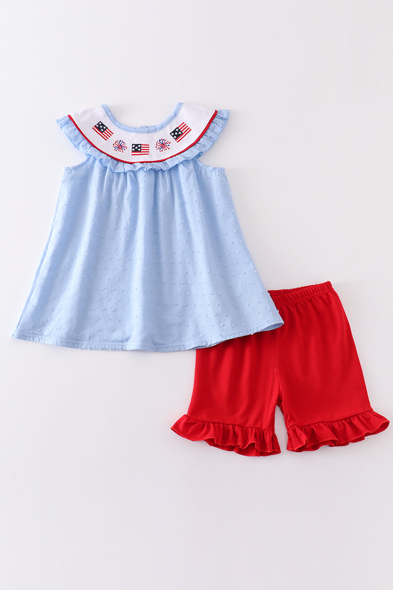 Blue Patriotic flag embroidery swiss dot girl set