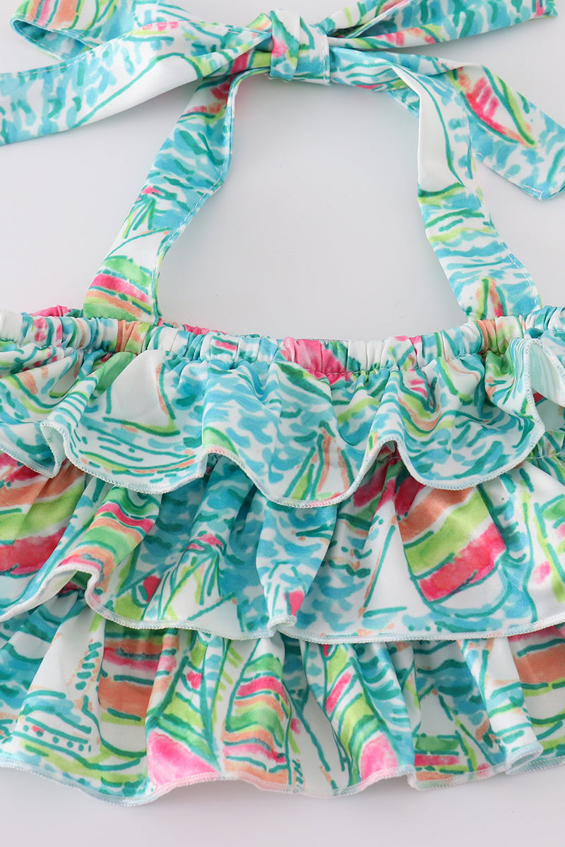 Teal sailboat serenity print 2pc girl swimsuit