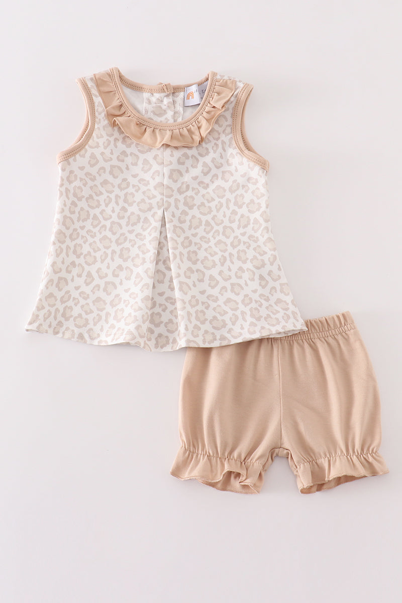 Beige leopard baby girl bloomer set