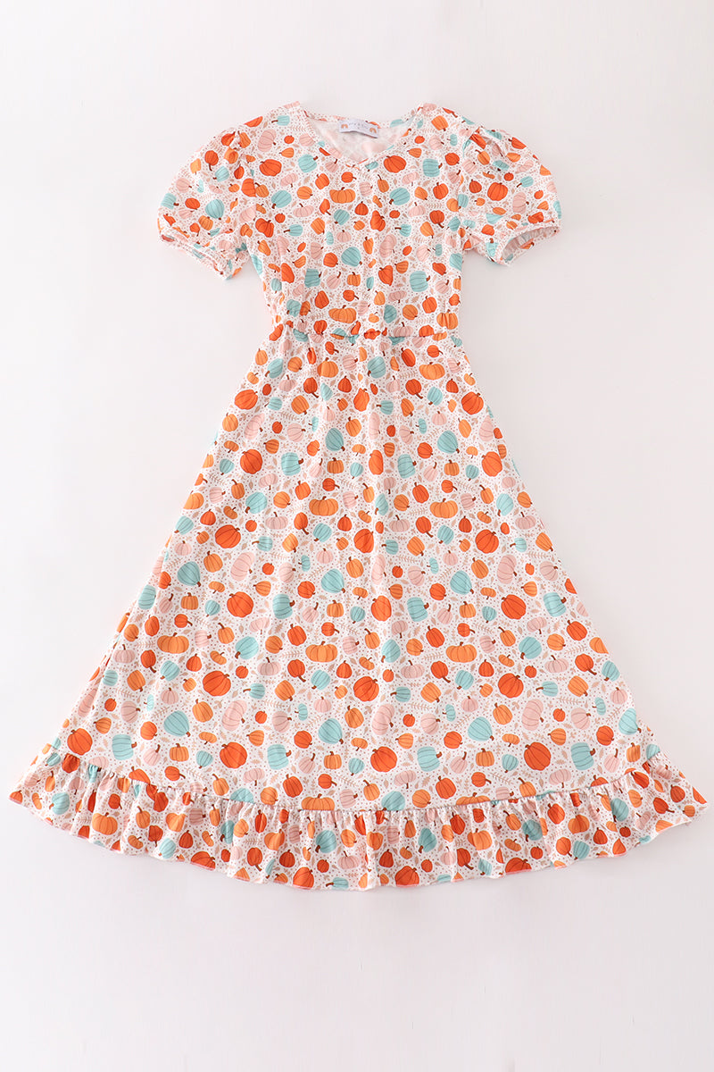 Orange pumpkin print mom dress