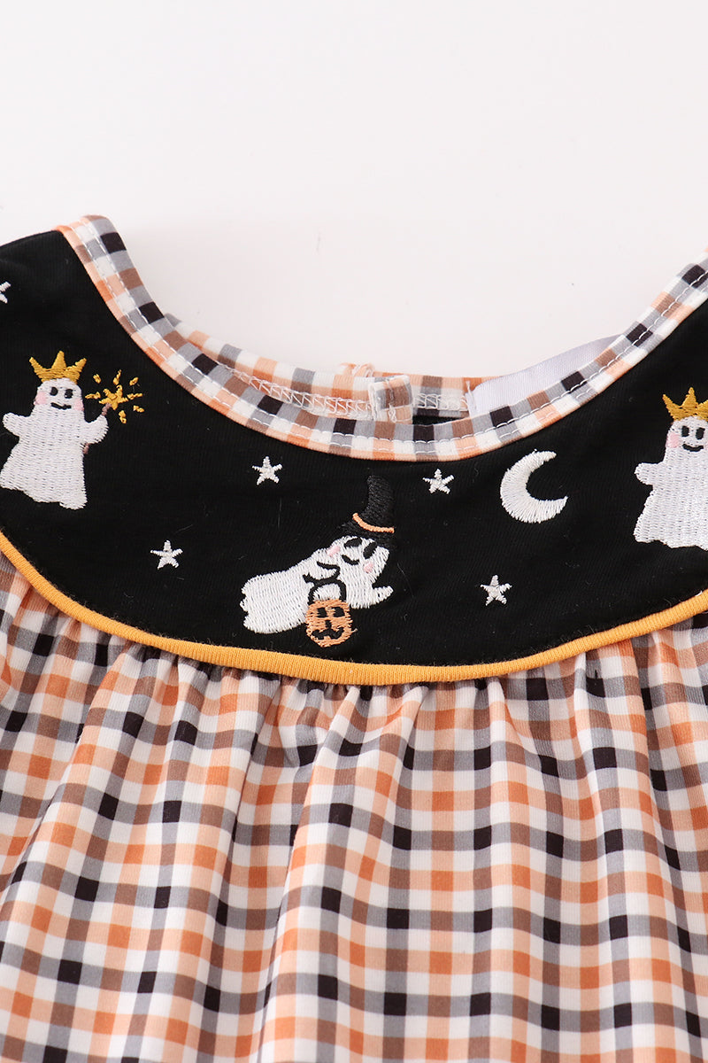 Halloween ghost embroidery plaid girl romper