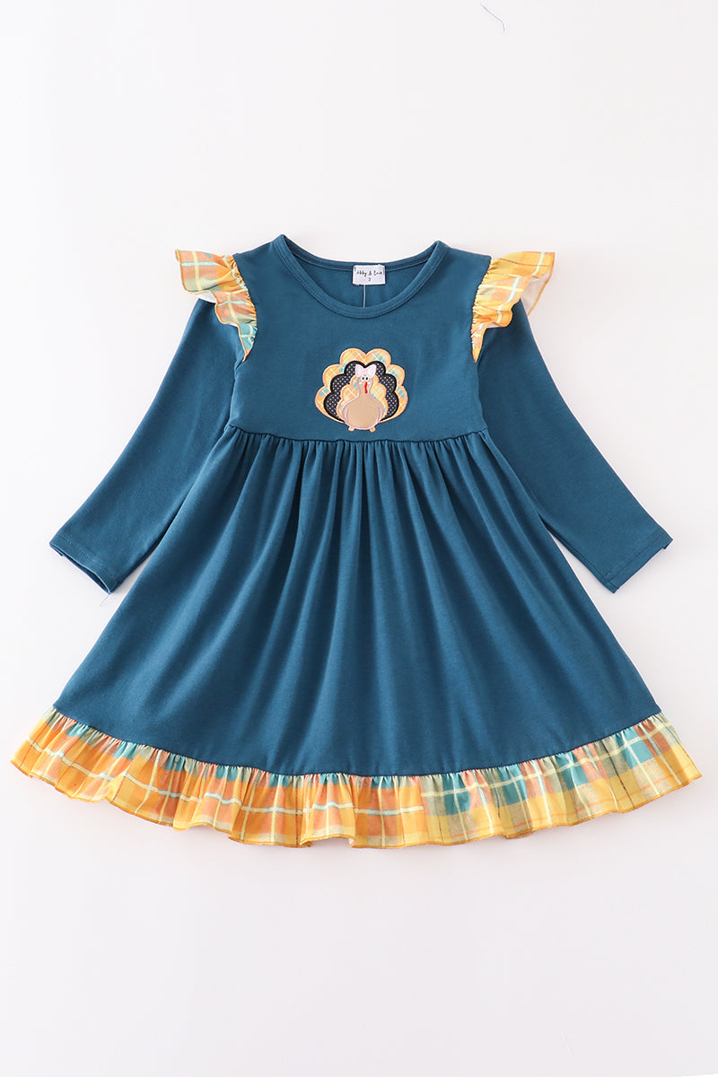 Navy thanksgiving turkey applique ruffle dress