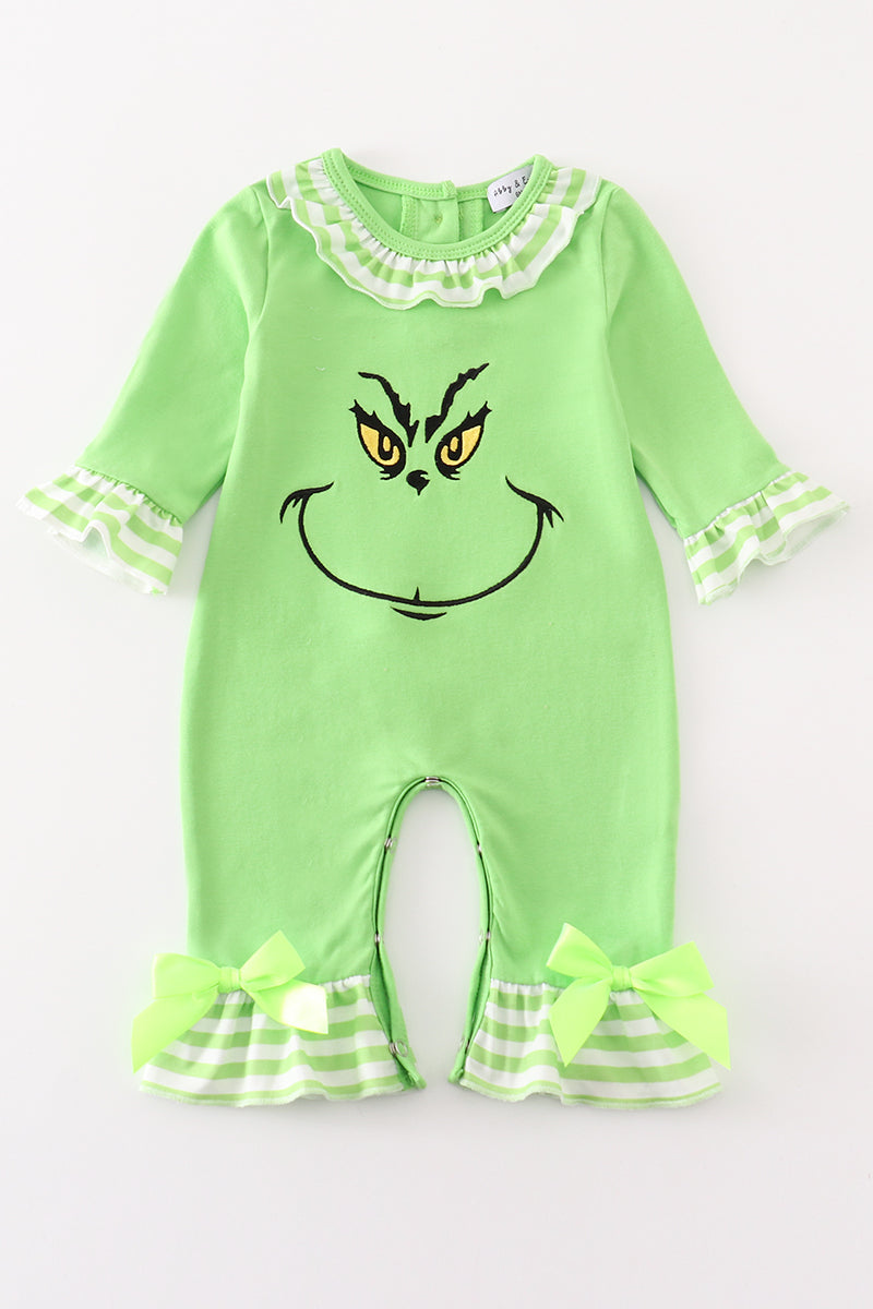 Green grinch embroidery girl romper