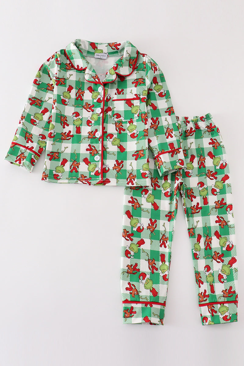 Green grinch print plaid ruffle boy pajamas set