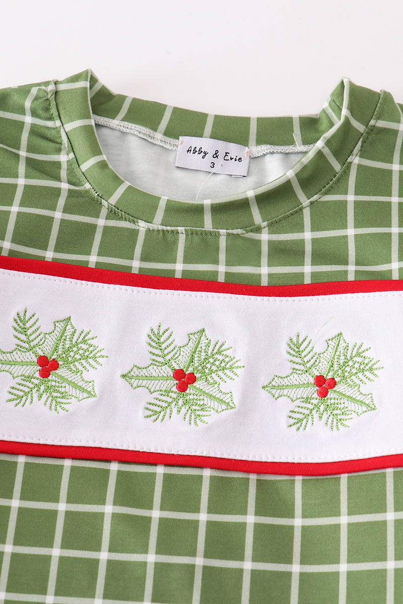 Green christmas holly embroidery boy set