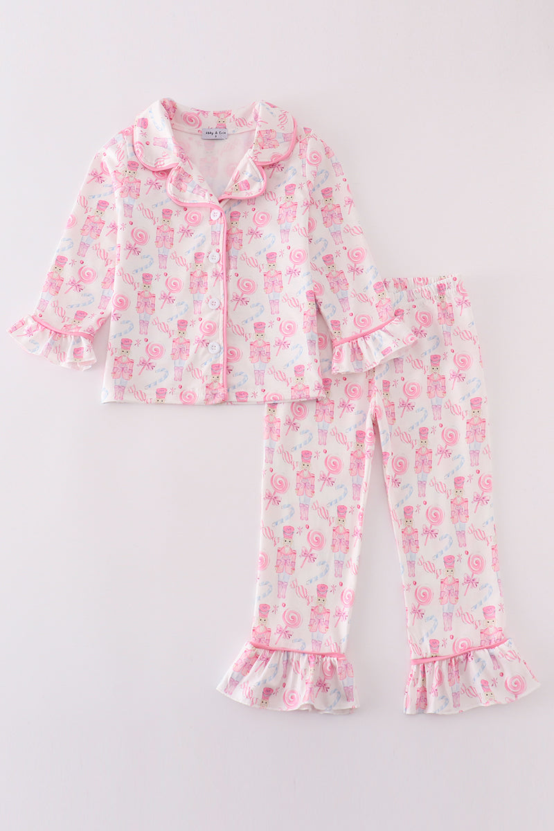 Pink nutcracker print ruffle pajamas set