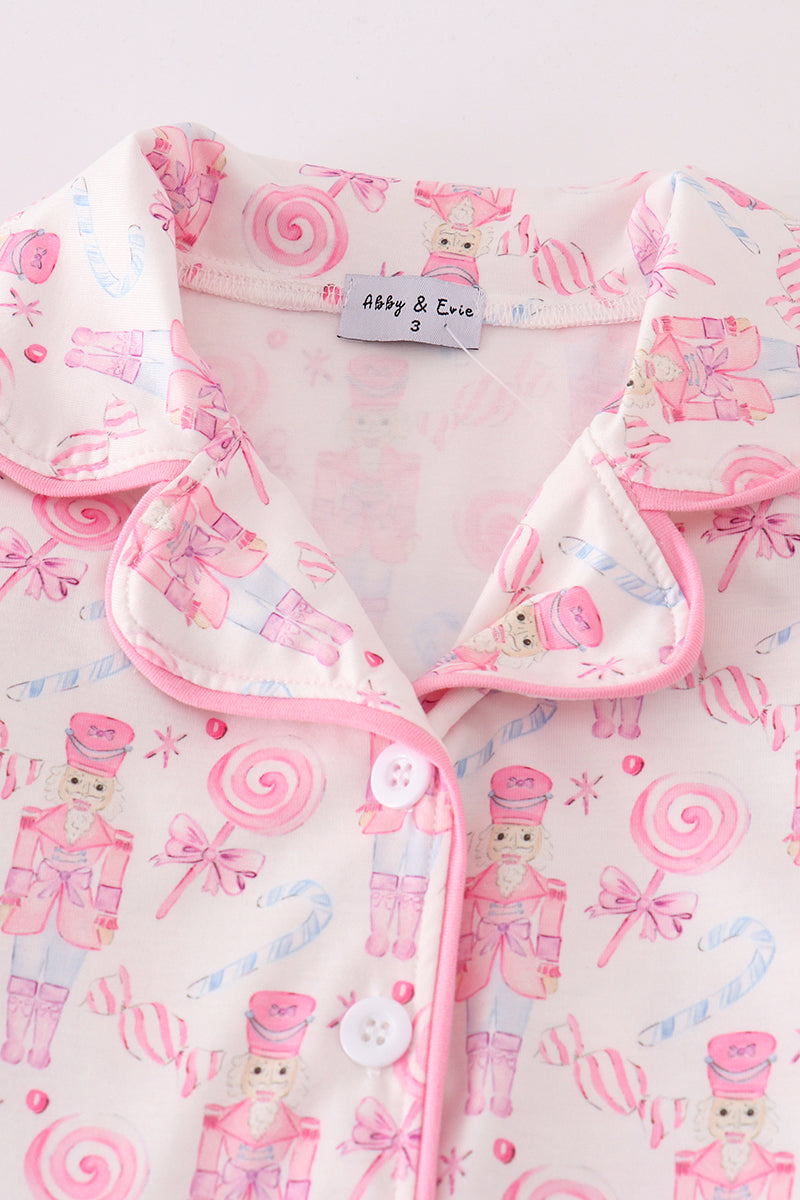 Pink nutcracker print ruffle pajamas set