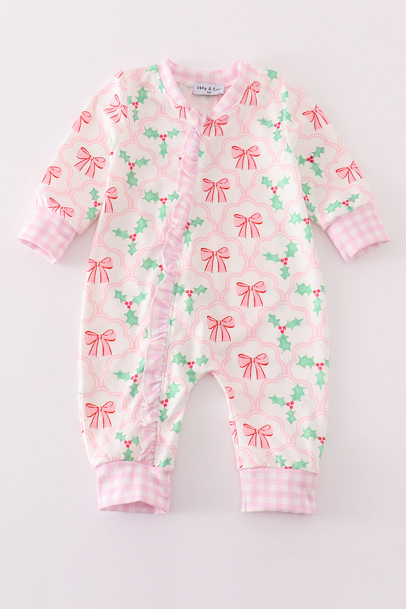 Pink christmas holly bow print girl romper