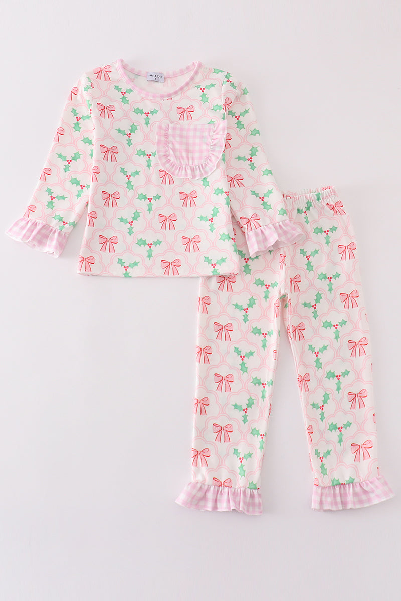 Pink christmas holly bow print girl pajamas set