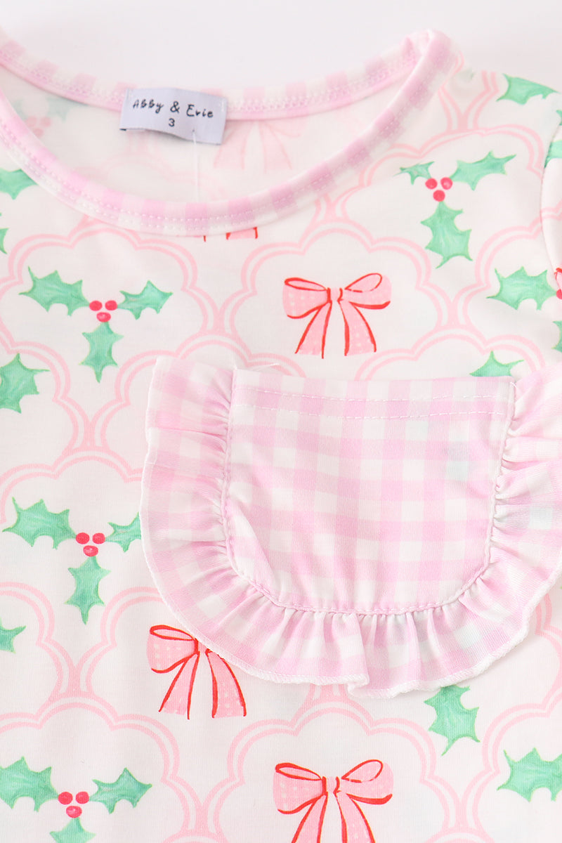 Pink christmas holly bow print girl pajamas set