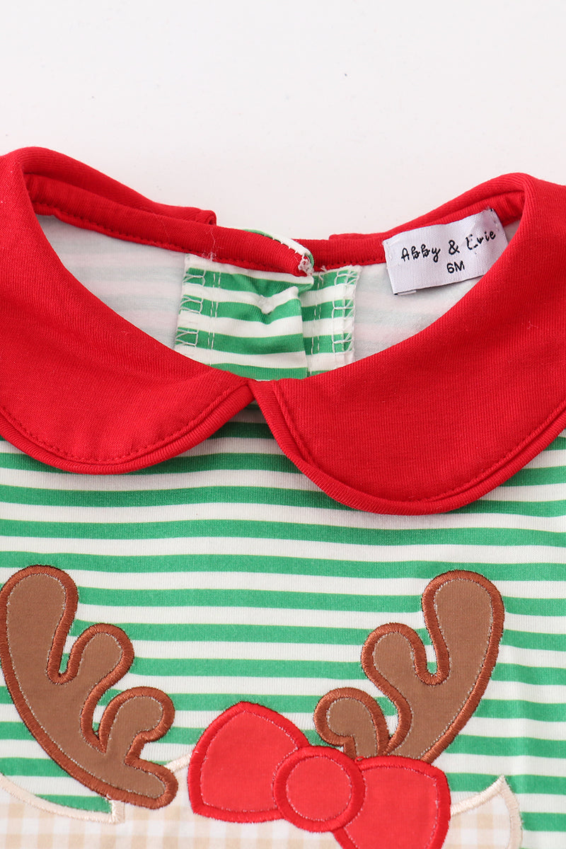 Green stripe christmas deer applique girl romper