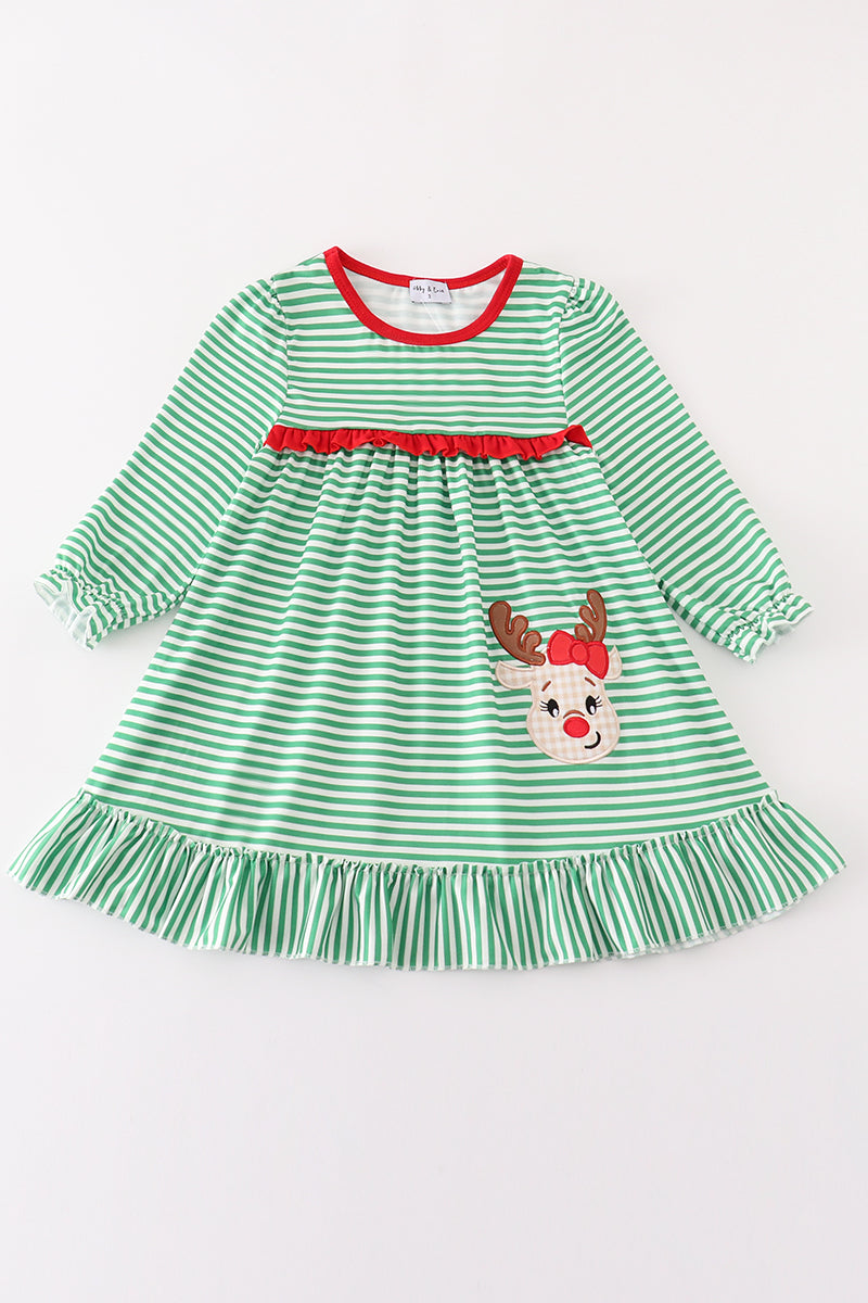 Green stripe christmas deer applique girl dress