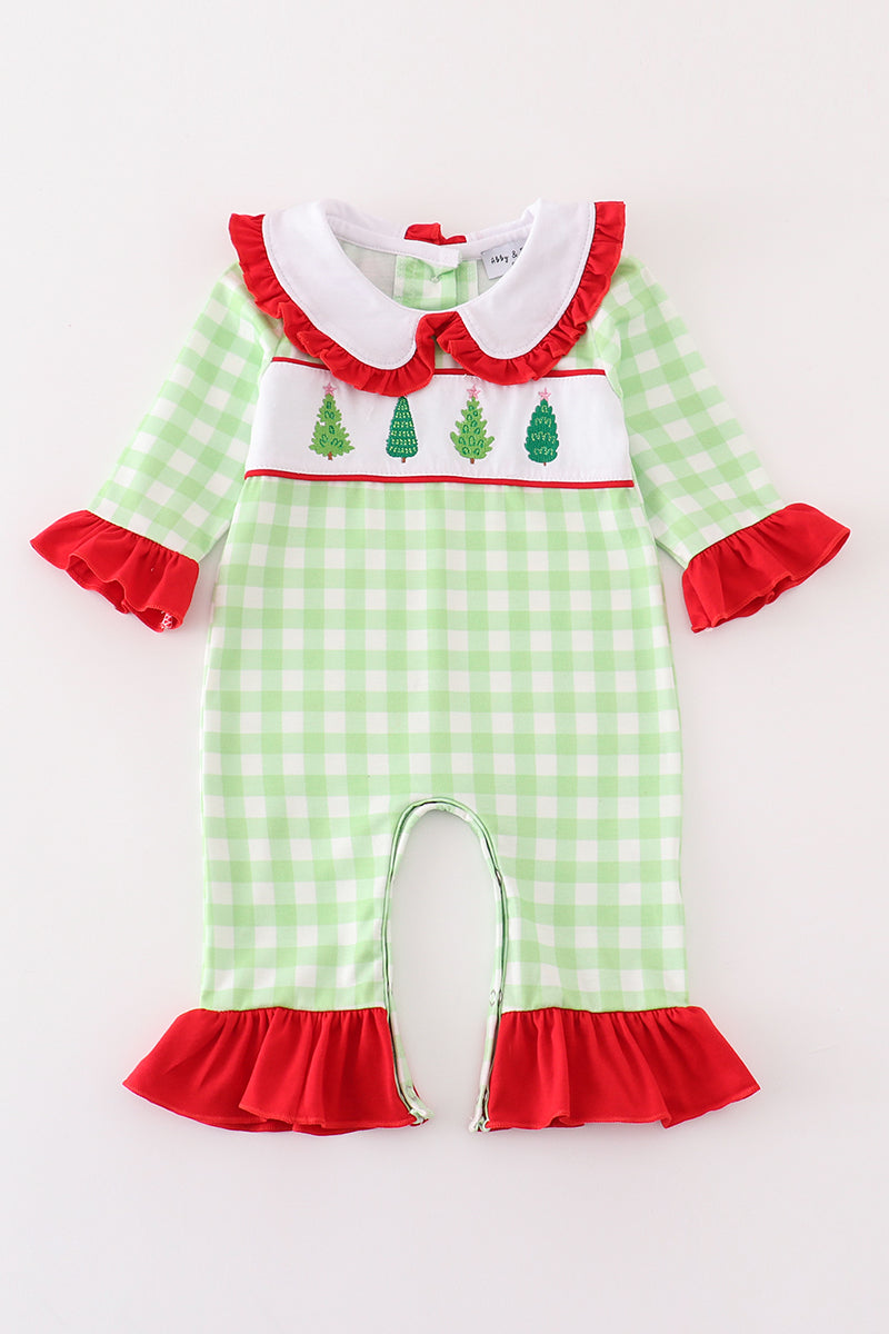 Green christmas tree embroidery girl romper