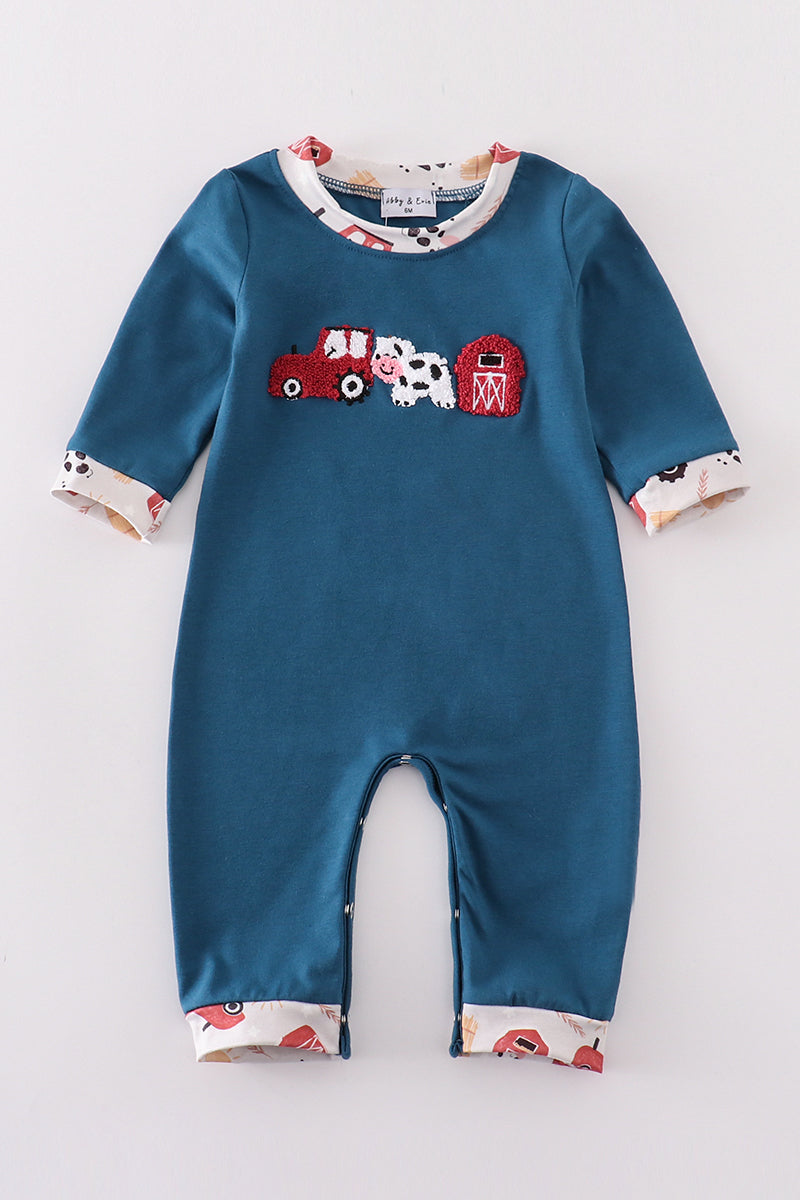 Navy farm french knot boy romper