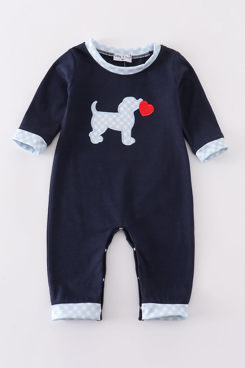 Navy valentine puppy heart applique boy romper