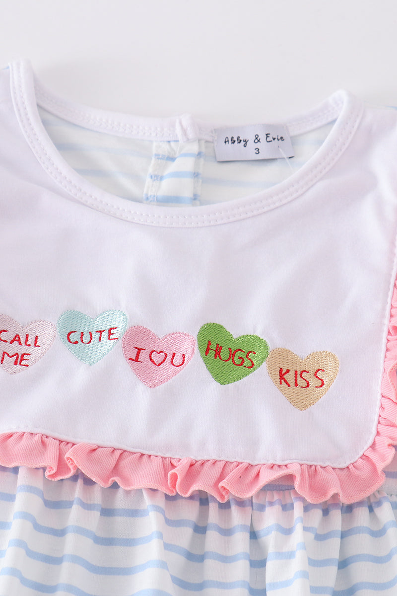 Blue stripe valentine heart embroidery girl set