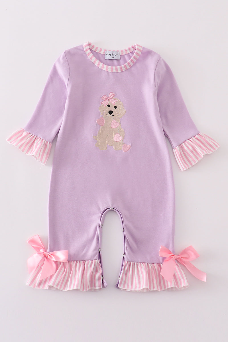 Purple valentine'day puppy embroidery girl romper