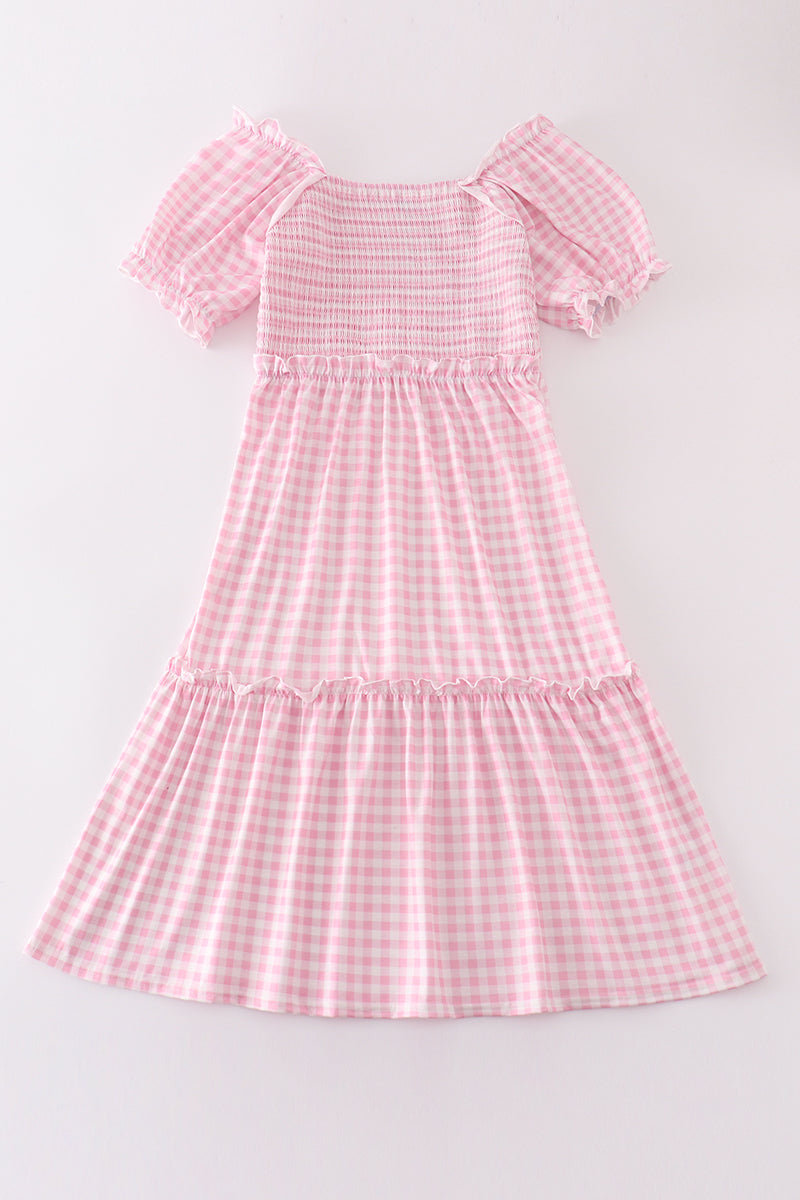 Pink gingham smocked women dress