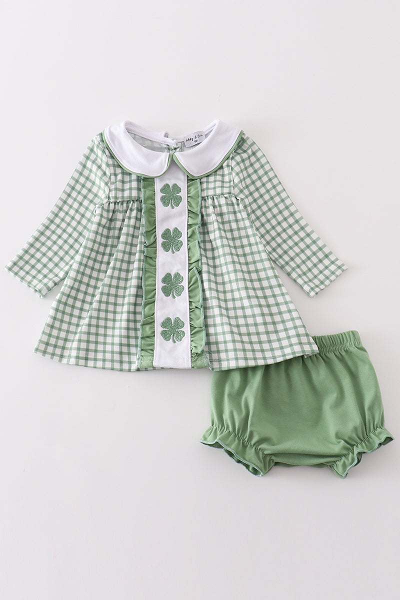 Green clover embroidery girl bloomer set