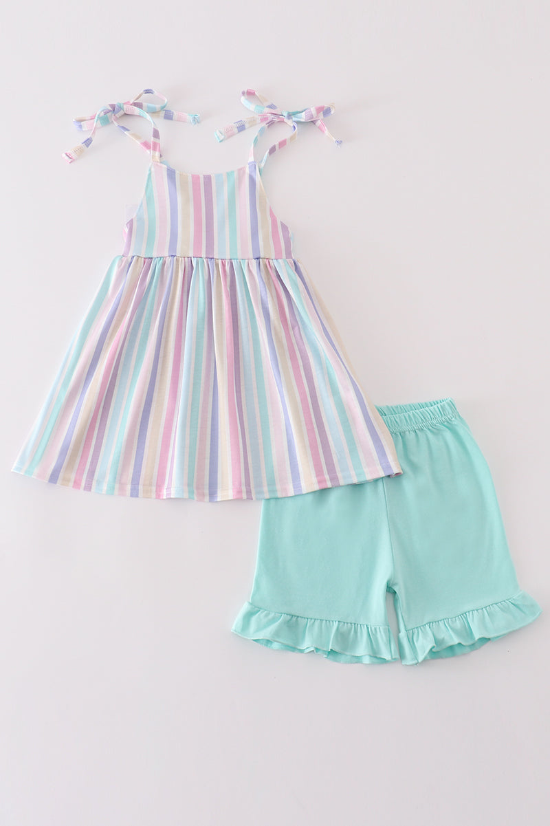 Multicolored stripe girl shorts set