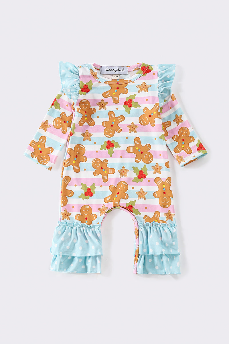 Blue gingerbread christmas girl romper