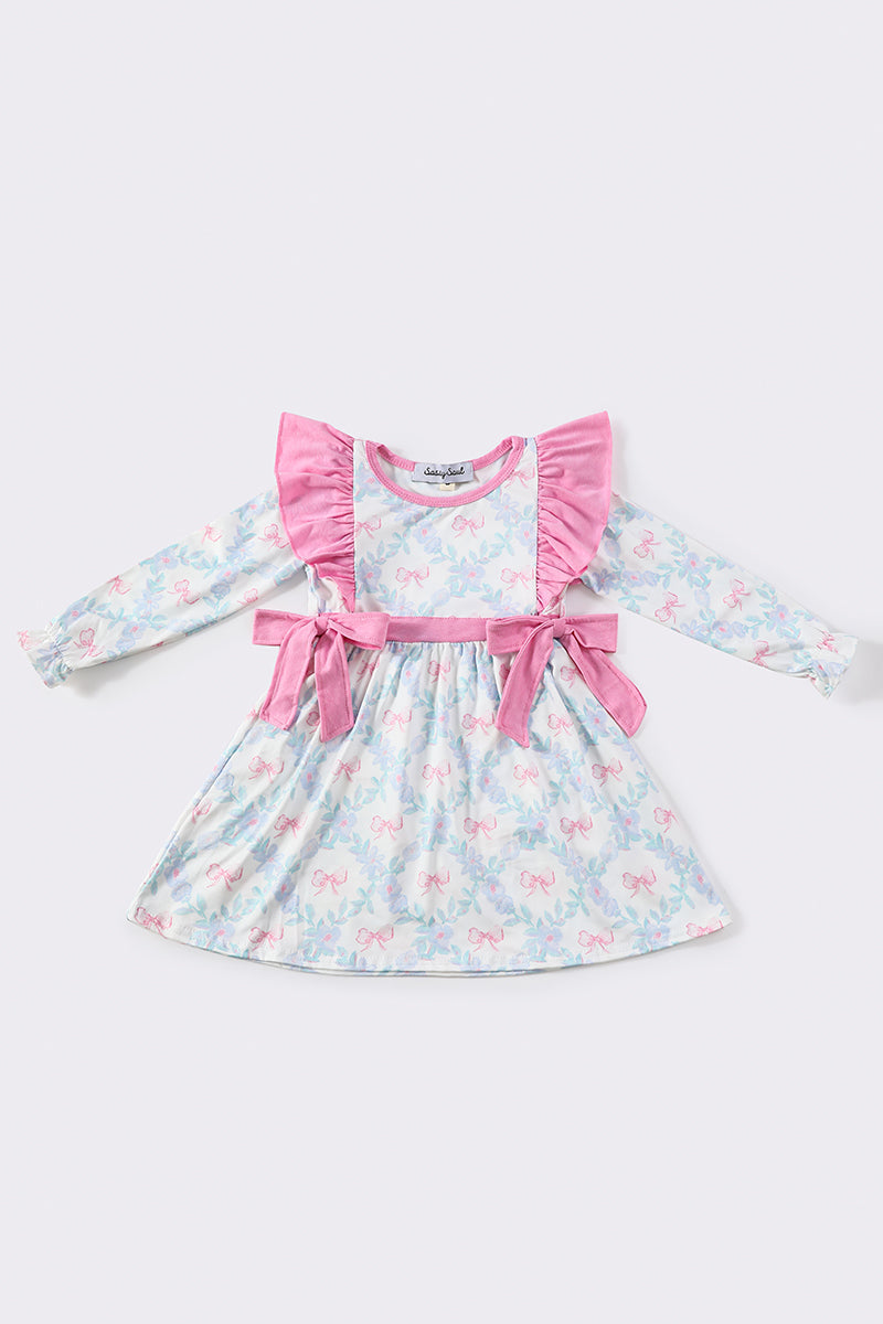 Pink bow print girl dress