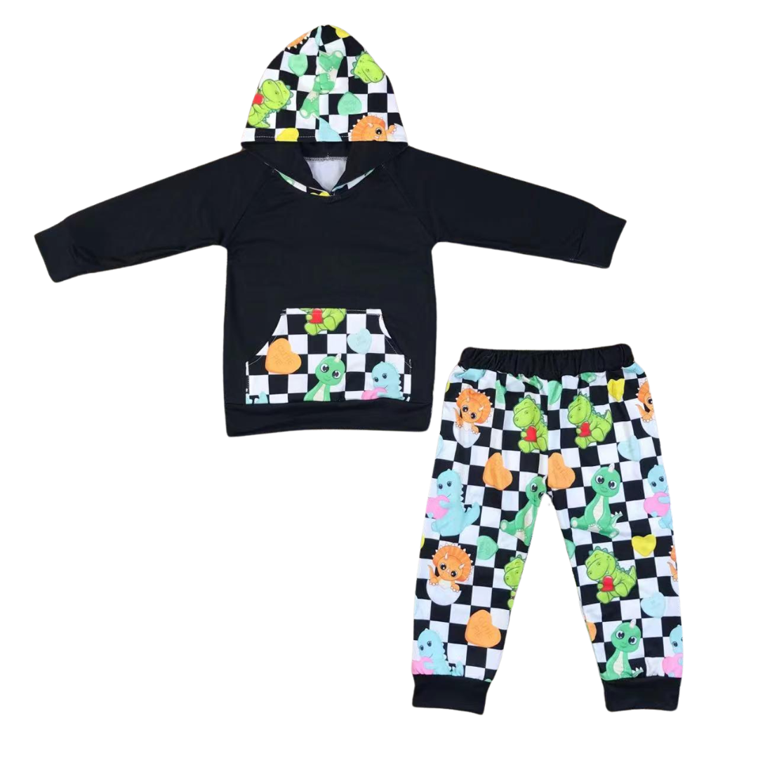 Black Chex Dino Hooded Set