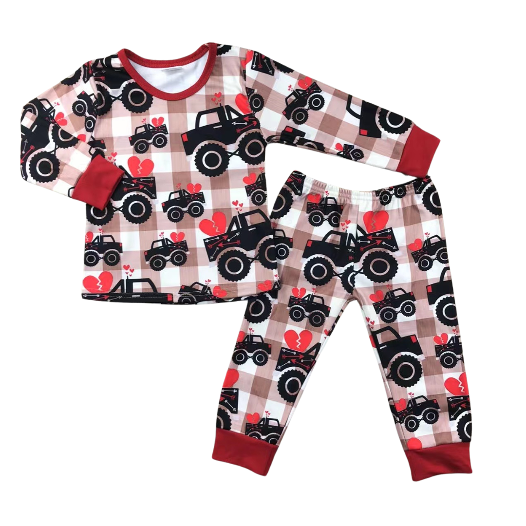 Monster Truck Heart Plaid Set